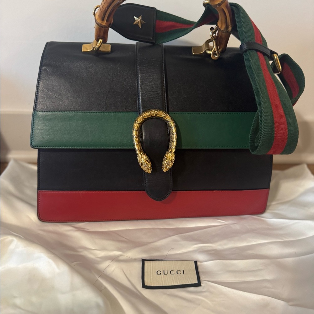 Gucci Black and Green Satchel with Antique Gold-Toned Clasp